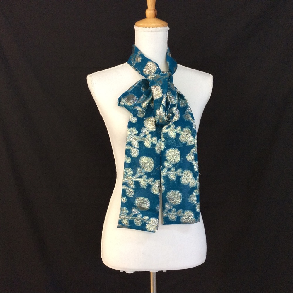 Sparkly gold metallic Floral teal long scarf